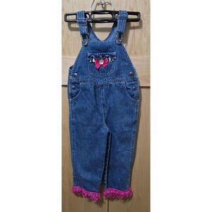 Arizona Kids Denim Overalls 3T With Pink Fringe & Bow Accents